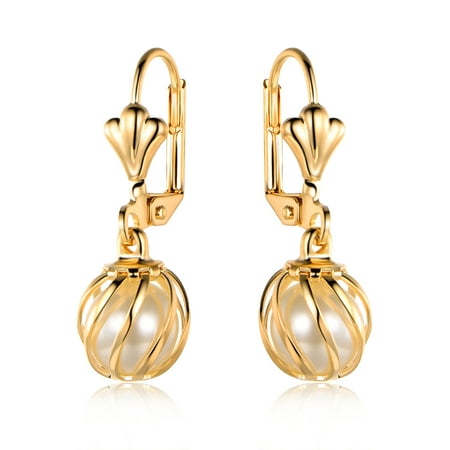 Gold Plated Gold and Pearl Caged Drop Earrings