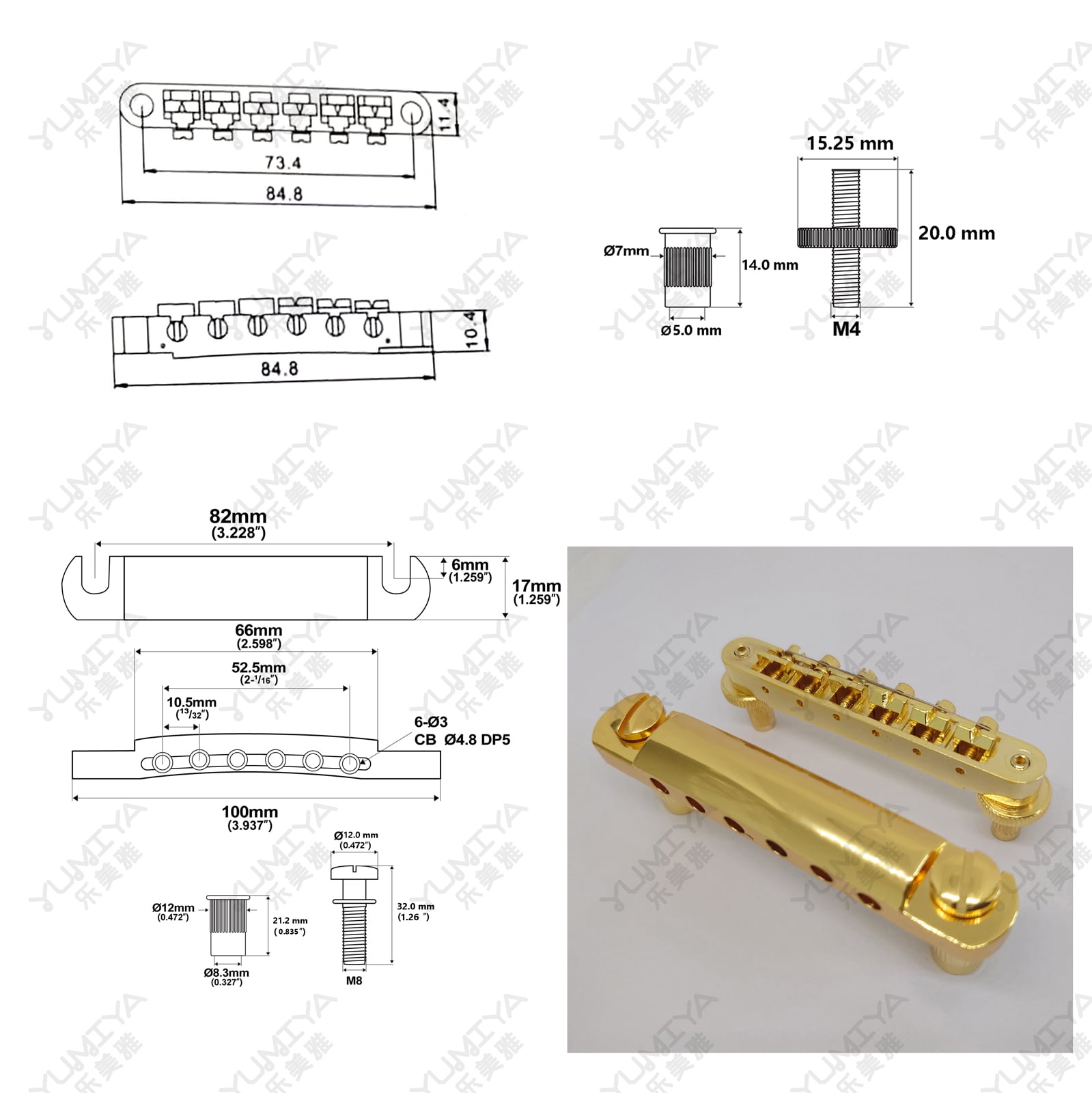 Guitar Fixed Saddle Bridge Tailpiece Tune-O-Matic 1 Set Gold for ABR-1 LP LP Electric guitars Replacement parts