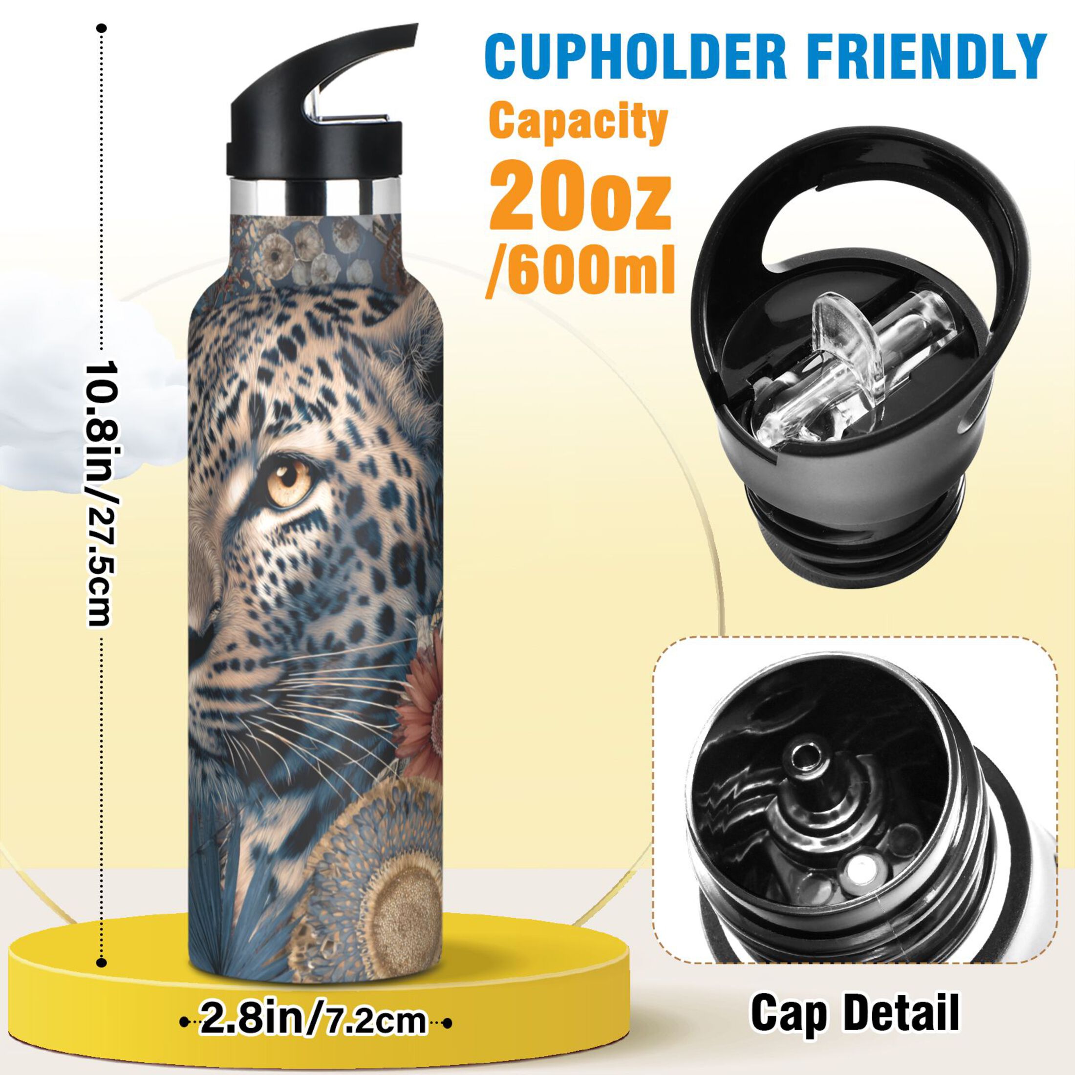 Kids Insulated Stainless Steel Sports Water Bottle 600ml (20oz) Attractive Tiger Head