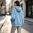 thumbnail image 5 of qafoshin Denim Jacket for Women Zipper Hooded Drawstring Denim Coat Oversized Long Sleeve Fall Trendy Outfits, 5 of 7
