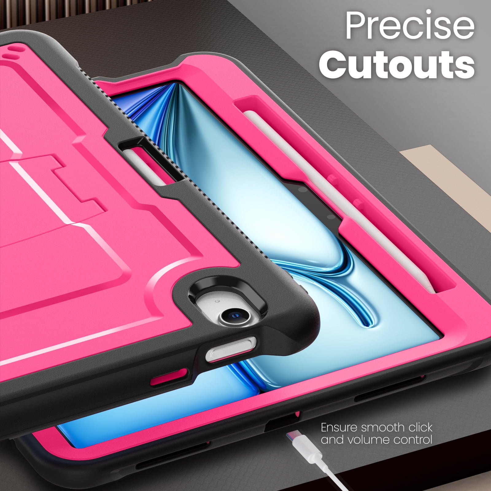 ELEHOLD Rugged Case with Pencil Holder For iPad Air 11-inch M3 (2025) / M2 (2024), Built-in Kickstand Double-Layer Protection Full-Body Shockproof Cover For Apple iPad Air 11 (2025/2024),Rose