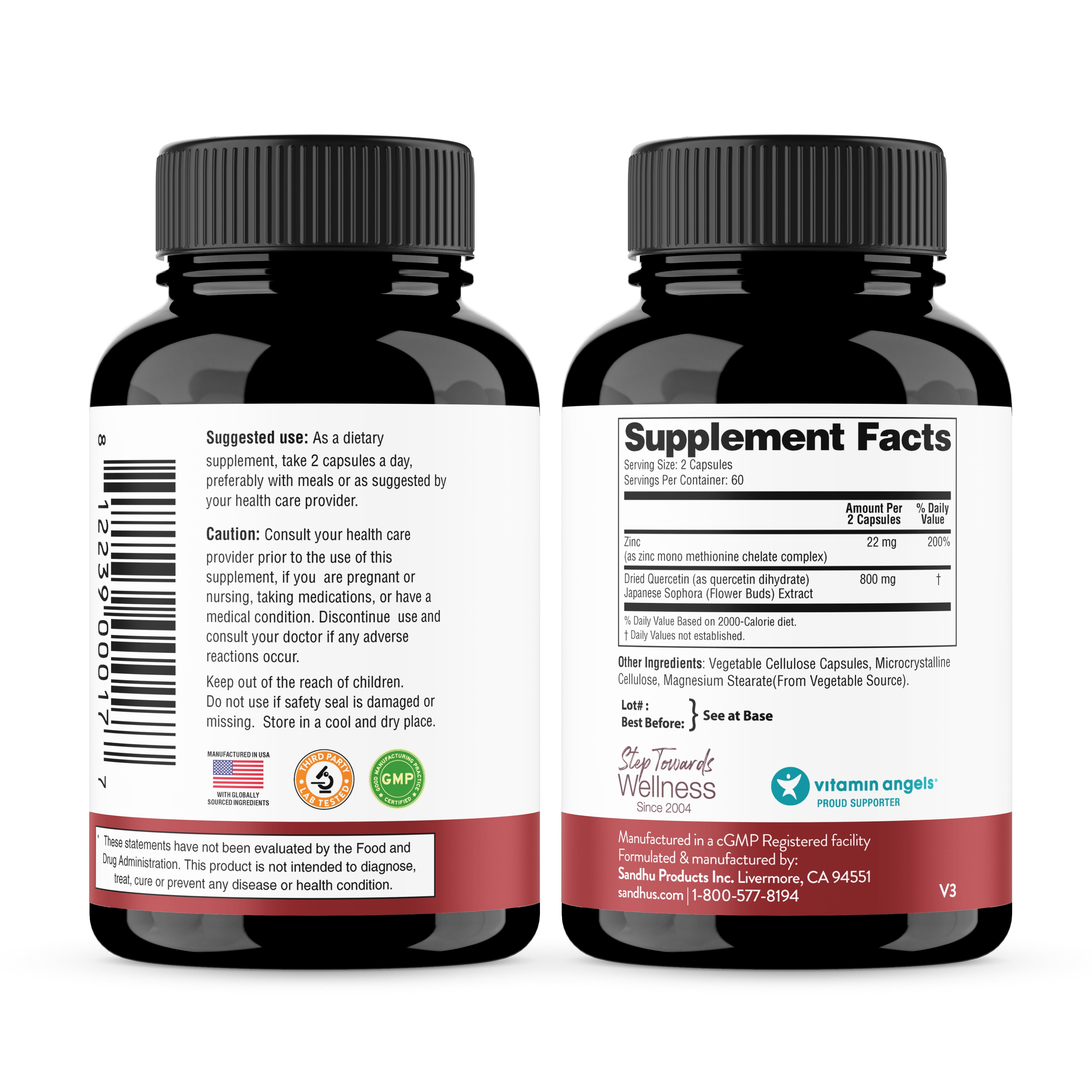 Sandhu's Zinc Quercetin 120 Vegetarian Capsules (Pack of 1) | High Absorption Zink Supplements for Immunity and Seasonal Allergy | Antioxidant Immune Support for Men and Women | Easy to Swallow