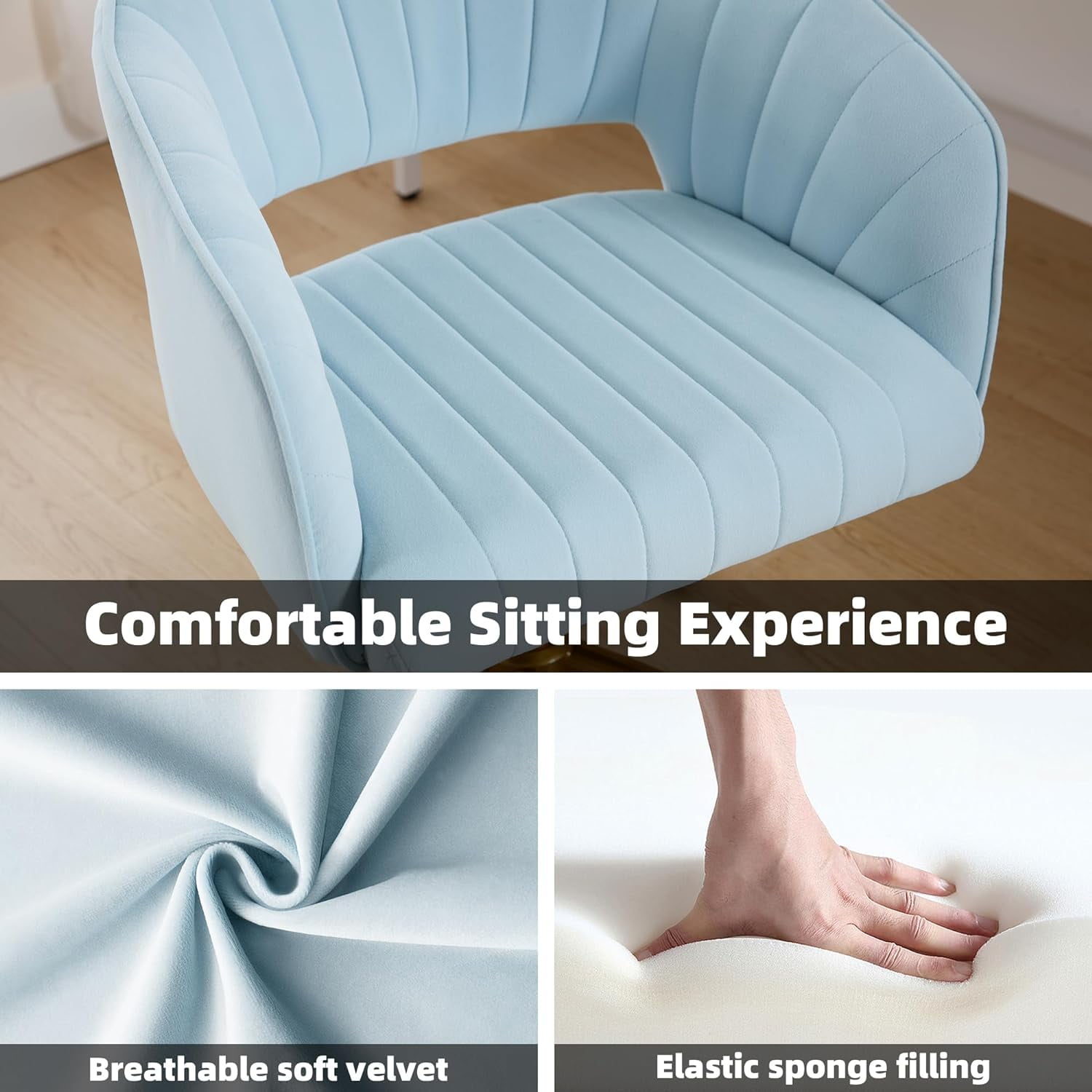 Westice Home Office Desk Chairs, Velvet Task Chair, Height Adjustable Swivel Vanity Chair, Ergonomic Chair for Study, Living Room Computer Room, Light Blue