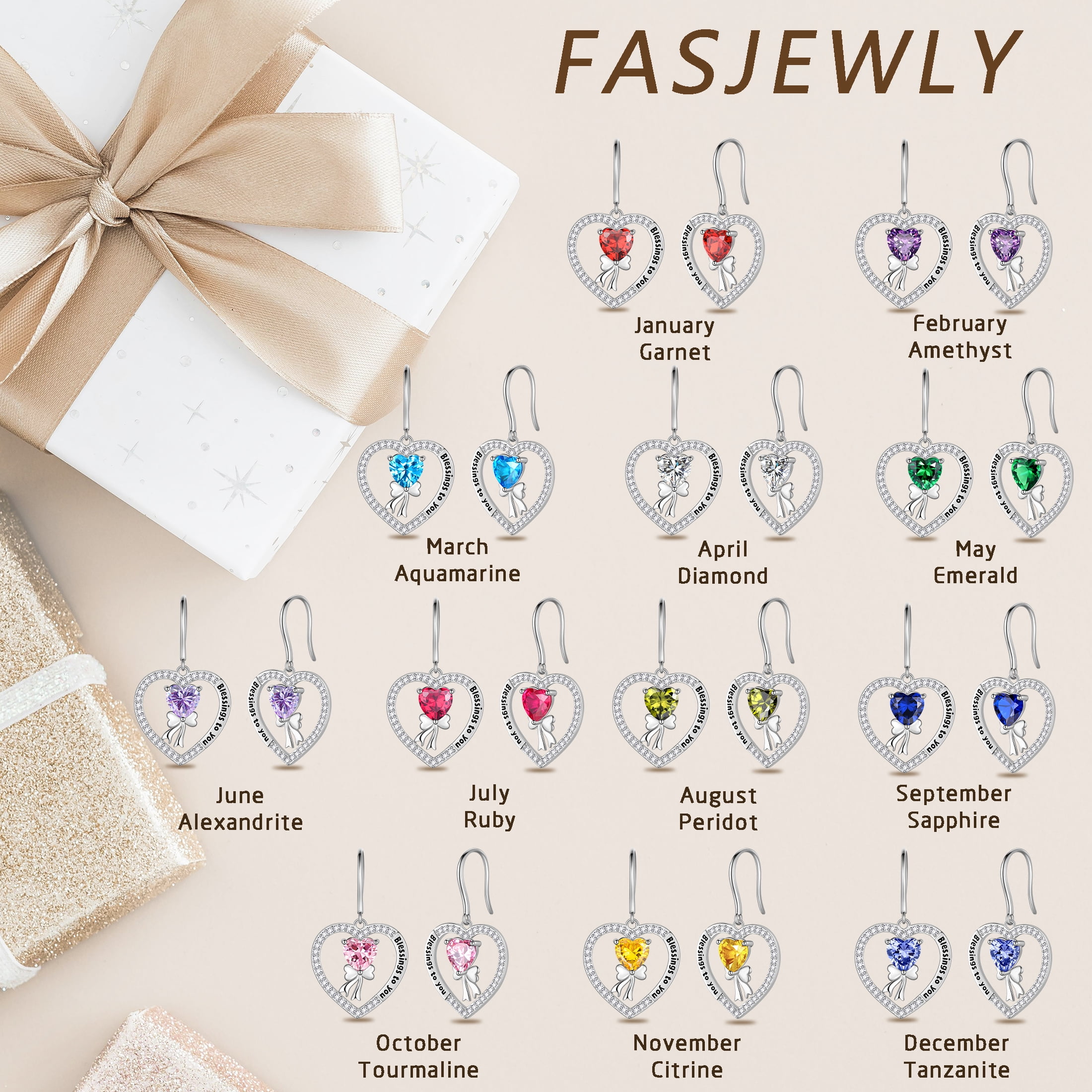 Fasjewly 925 Sterling Silver Heart Birthstone Hook Earrings, Bow Knot Crystal Dangle Christmas Birthday Anniversary Jewelry Gift for Women Mom