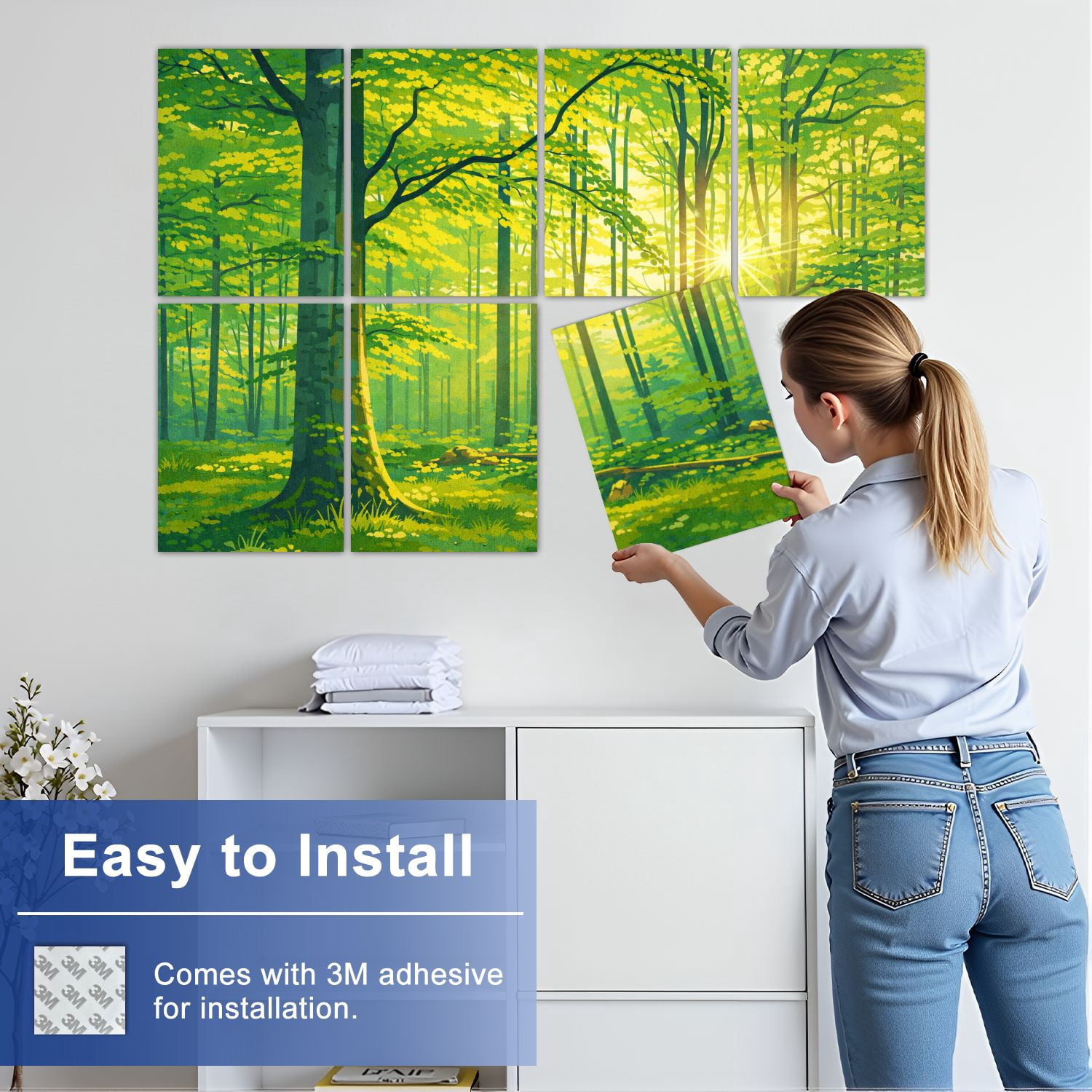 8 Pack Art Acoustic Panels Sound Absorbing Green Natural Beech Tree Forest illuminated Sunbeams Fog Decorative Soundproof Wall Panels Self Adhesive for Nursery Game Room Bedroom 48"x32"