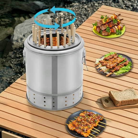 Smokeless Barbecue Surround Charcoal Grill, Stainless Steel Hanging Grill, Portable Smokeless BBQ Charcoal Grill, Barrel Shape Grill with 20 Skewers, 13in(D)*15in(H)