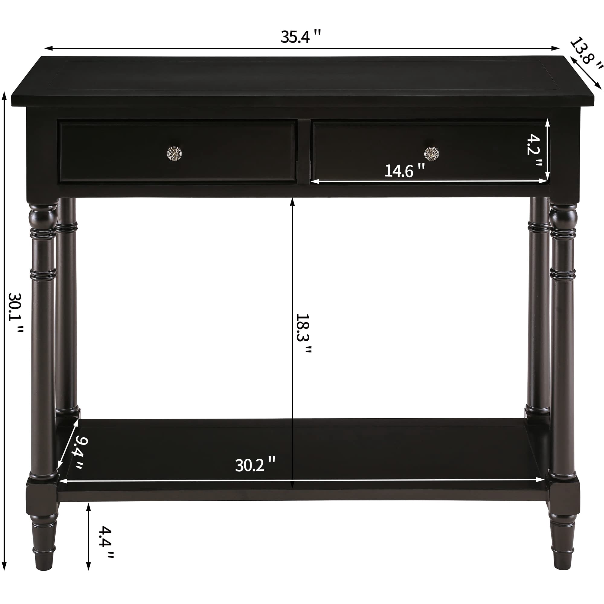 JESONVID Solid Wood Console Table with 2 Drawers, 2-Tier 35.4" X 30" Accent Sofa Table with Multilayer Storage Shelf Rustic Hall Entryway Tables for Living Room Home Office-Black