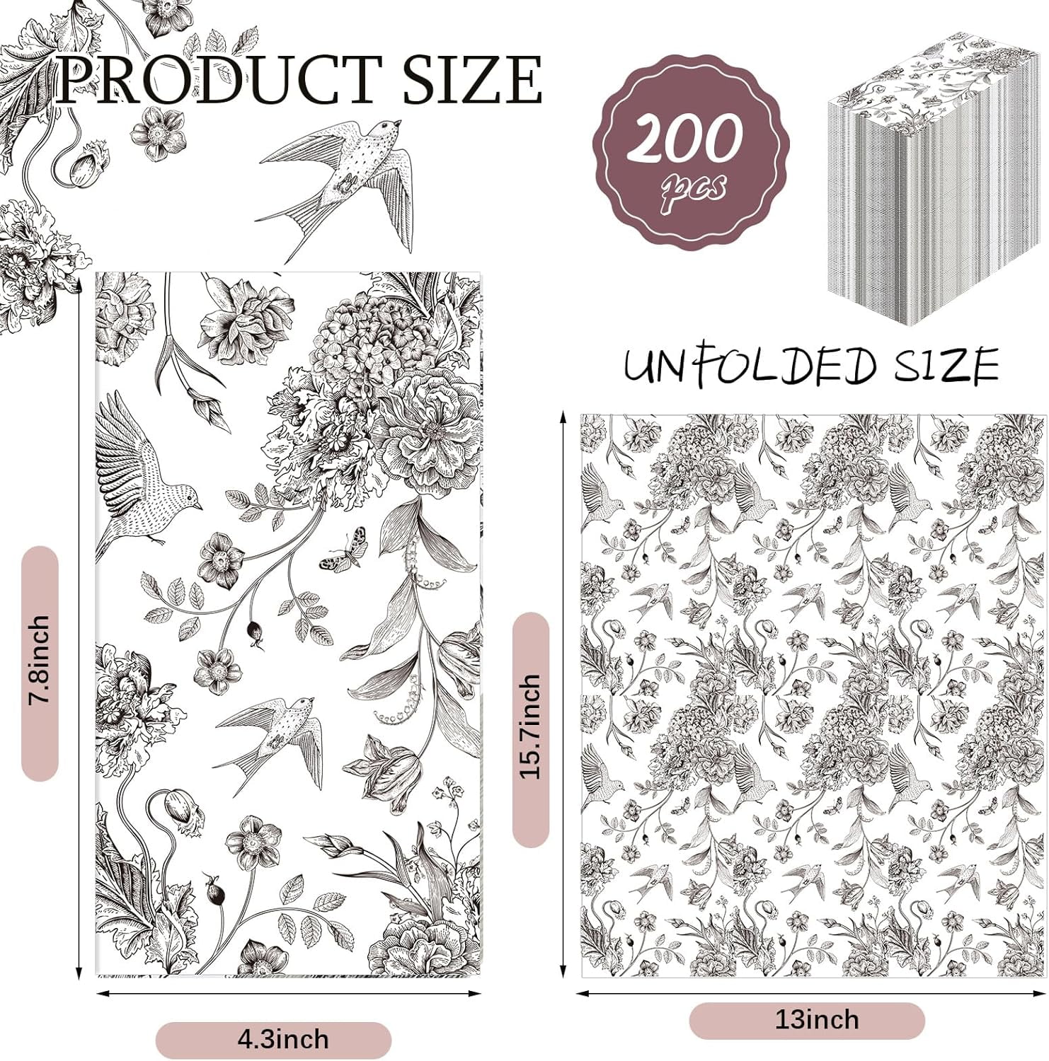 200 Pcs Floral Paper Napkins Disposable Hand Towels for Bathroom Guest Decorative Napkins for Bathroom Shower Toilet Room Holiday Wedding Bridal Tea Party(Black)