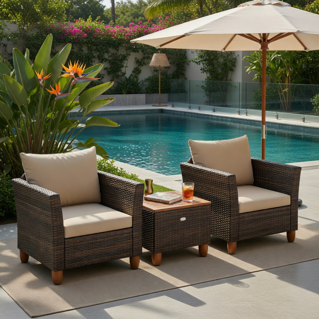 Hommoo 3-Piece Outdoor Rattan Bistro Set with Acacia Wood Table, Steel Frame, Weather-Resistant PE Wicker for Patio, Backyard & Poolside, Brown