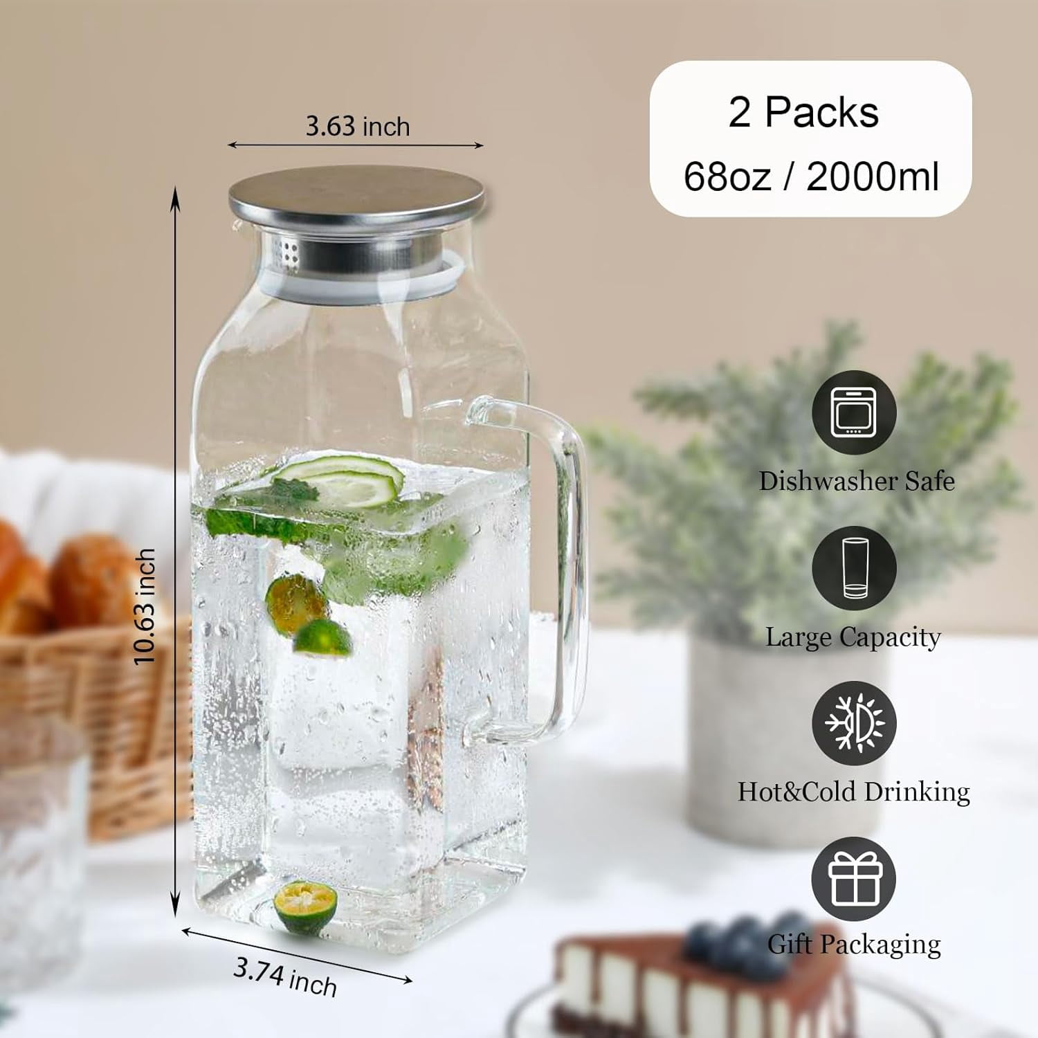 2 Pack 68 oz Square Glass Pitcher with Lid and Handle for Fridge, Iced Tea and Coffee Carafe Beverage Serveware, Heat Resistant Borosilicate Water Jug for Hot/Cold Drinks and Milk