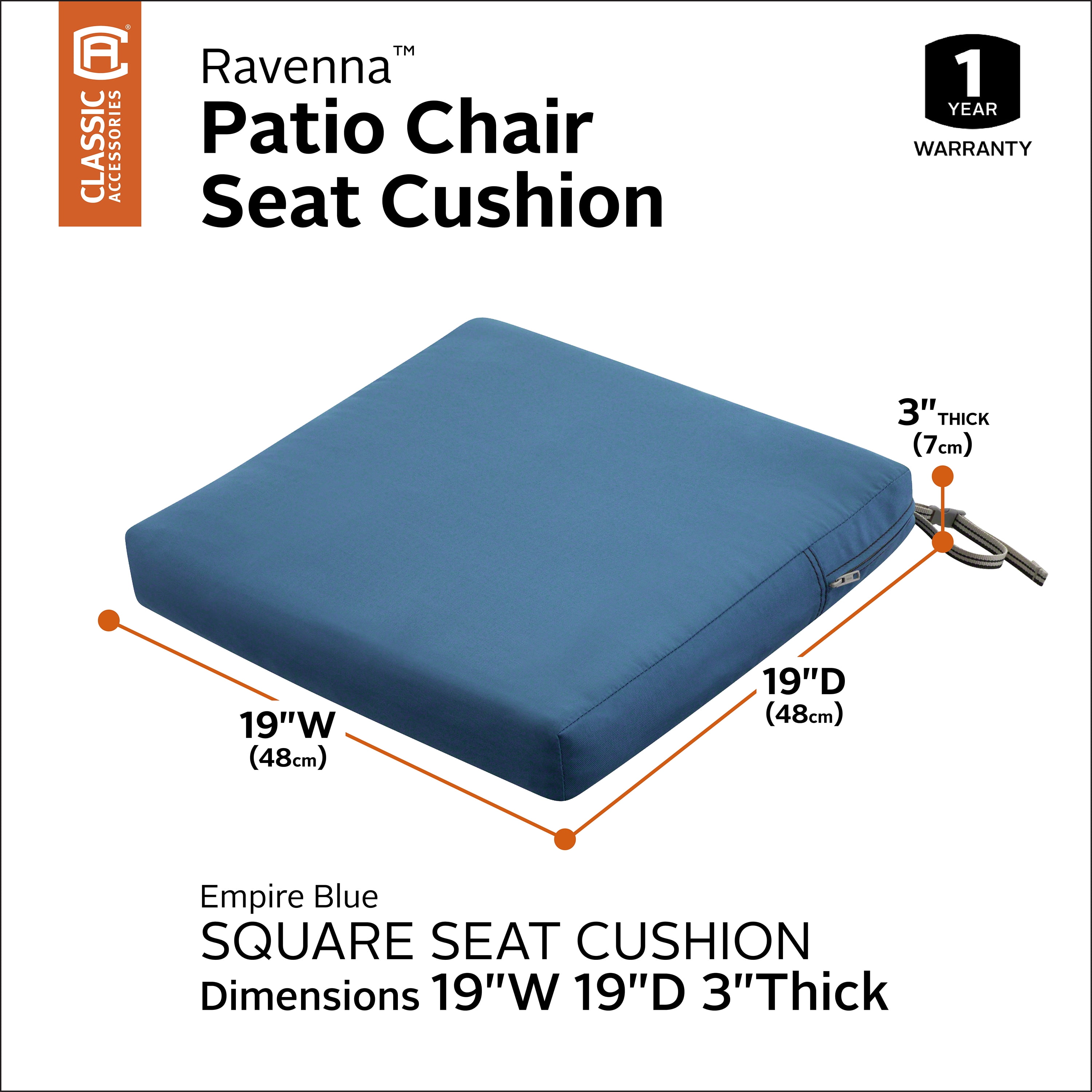 Classic Accessories Ravenna Water-Resistant Patio Seat Cushion, 19 x 19 x 3 inch, Empire Blue