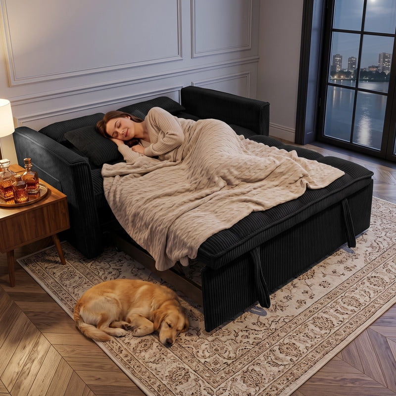 Anpport 54" 3‑in‑1 Convertible Sleeper Sofa Bed, Corduroy Pull‑Out Couch with Adjustable Backrest, Side Pockets & 2 Pillows for Small Spaces, Black