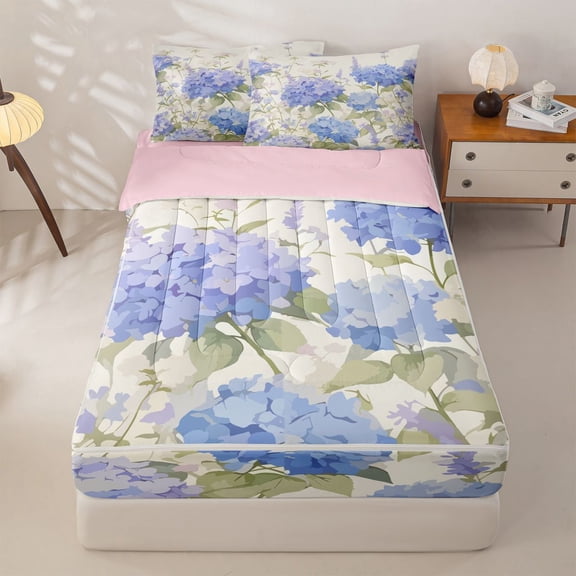 Manfei Chic Hydrangea Flower Zipper Twin Comforter Sets with Fitted Sheet and 2 Pillowcases, Garden Floral Zipper Bedding Set, Baby Blue Cream Green