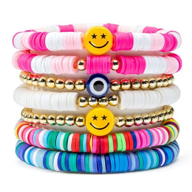 Juego de pulseras coloridas de oro blanco, sonrisa, mal de ojo, cuentas de arcilla polimérica, perlas apilables, pulseras bohemias de playa de verano, joyería para mujeres, niñas y adolescentes oso de fresa Electrónica