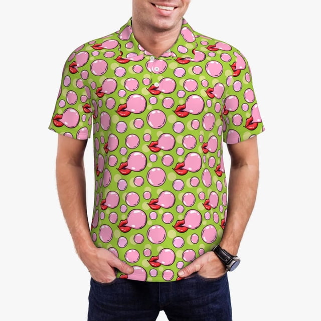 Balery Lips blowing bubble gum Camisa Polo de Hombre con Estampado, de Manga Corta y Tejido Medio, Camisa Tipo Golf Polo-Small