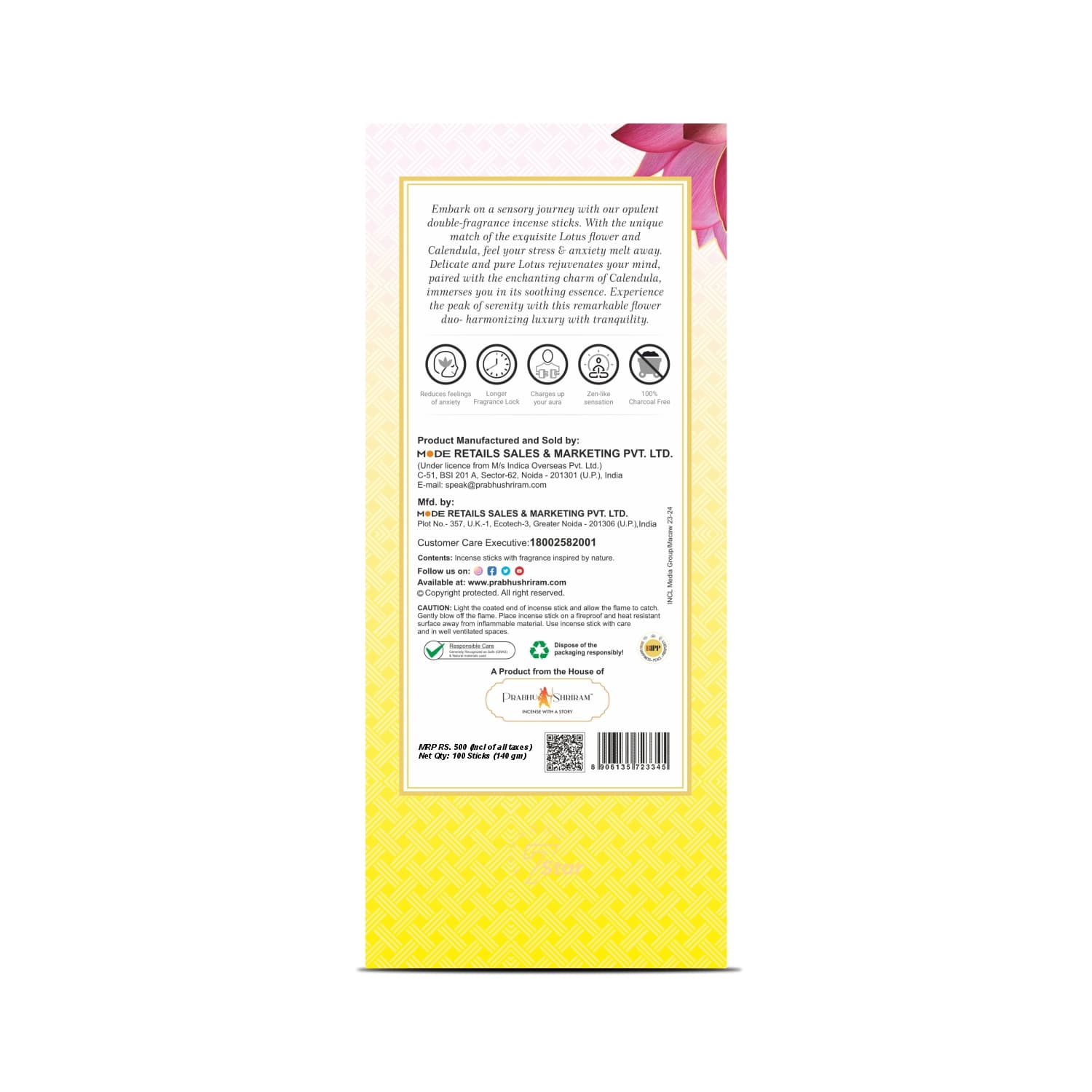 JPSR Lotus & Calendula Luxury Double Fragrance Incense Sticks, 100 Count, 1 Pack