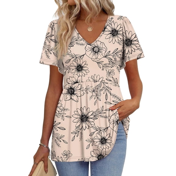 Camisetas OFEEFAN para mujer, cuello en V, manga corta, estampado floral, beige, L