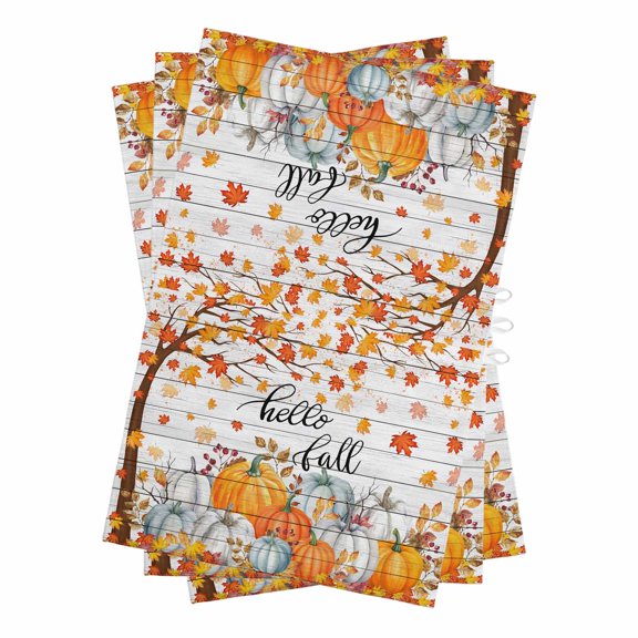 Fall Pumpkin Kitchen Towels Set of 3, Water Absorbent Dish Towel, Orange White Thanksgiving Maple Leaf Decorative Hand Towels - Quick Drying Cloth for Cooking Baking, 18x28 Inch