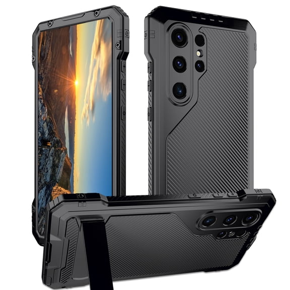 Dteck for Samsung Galaxy S24 Ultra Metal Case with Screen Protector Soft PET Film, Heavy Duty Military Grade Shockproof Rugged Full Body Kickstand Cover Fingerprint Compatible,Black
