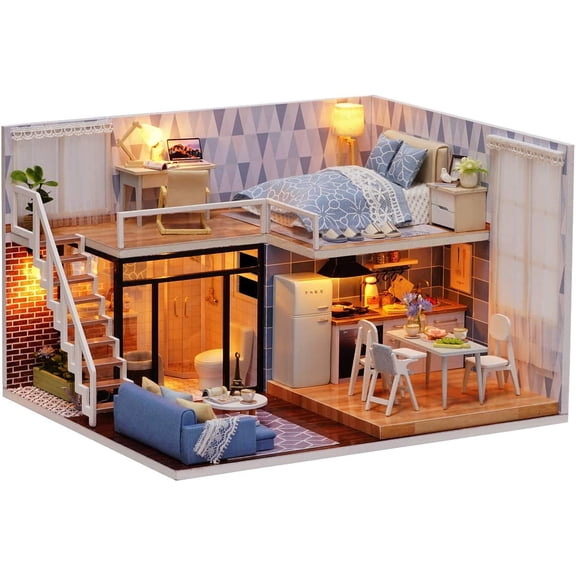Dollhouse Miniature with Furniture, DIY Dollhouse Kit Plus Dust Proof & LED Light, Creative Room Toys for Children Gift