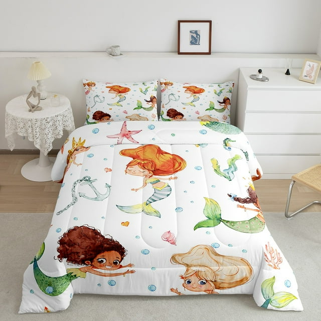 Couette Mignonne Mermaid pour Filles 2 Pcs Literie à Thème Océan Ancre Étoile de Mer Aquarelle Ensembles de Literie & Collections Princesse de Mer Colorée Couette Simple, Couette à Thème Marin Dessin Animé pour Enfants Adolescents