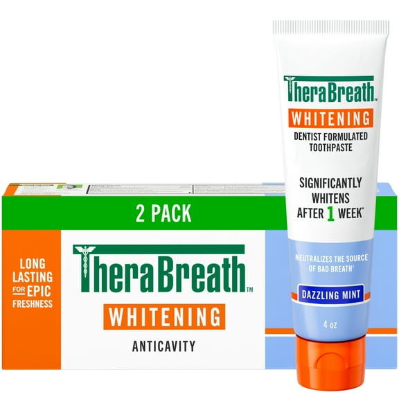 TheraBreath Whitening Toothpaste, Peroxide-Free & Anticavity, Dazzling Mint, 4 oz, 2-Pack