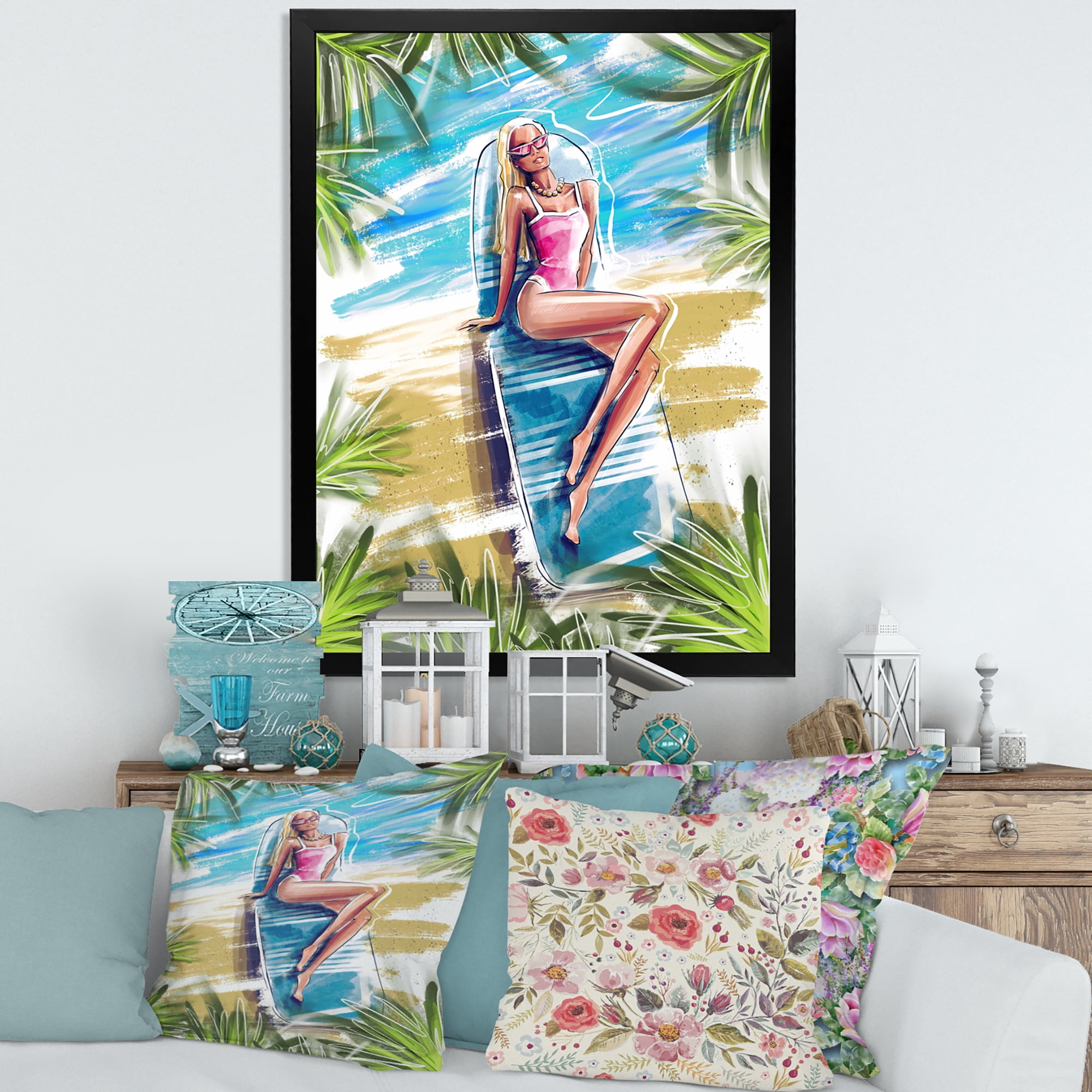 Designart 'Portrait Beautiful Blond Model At The Beach Sunbathing' Nautical & Coastal Framed Art Print