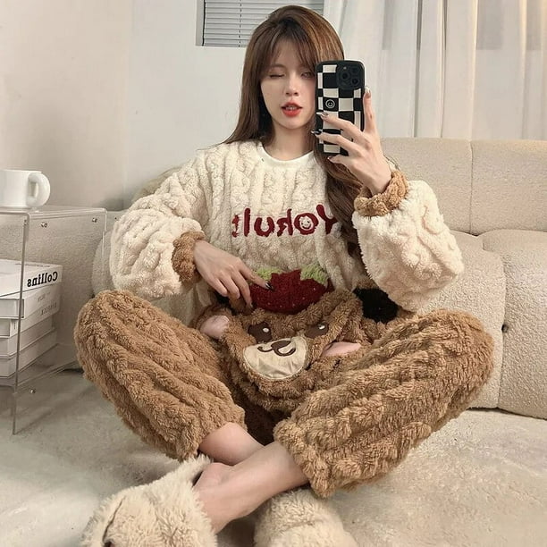 Conjuntos de Pijamas gruesos de invierno para mujer, ropa de dormir suave y cálida para niñas coreanas, Pijamas bonitos de oso de dibujos animados, pantalones de manga larga