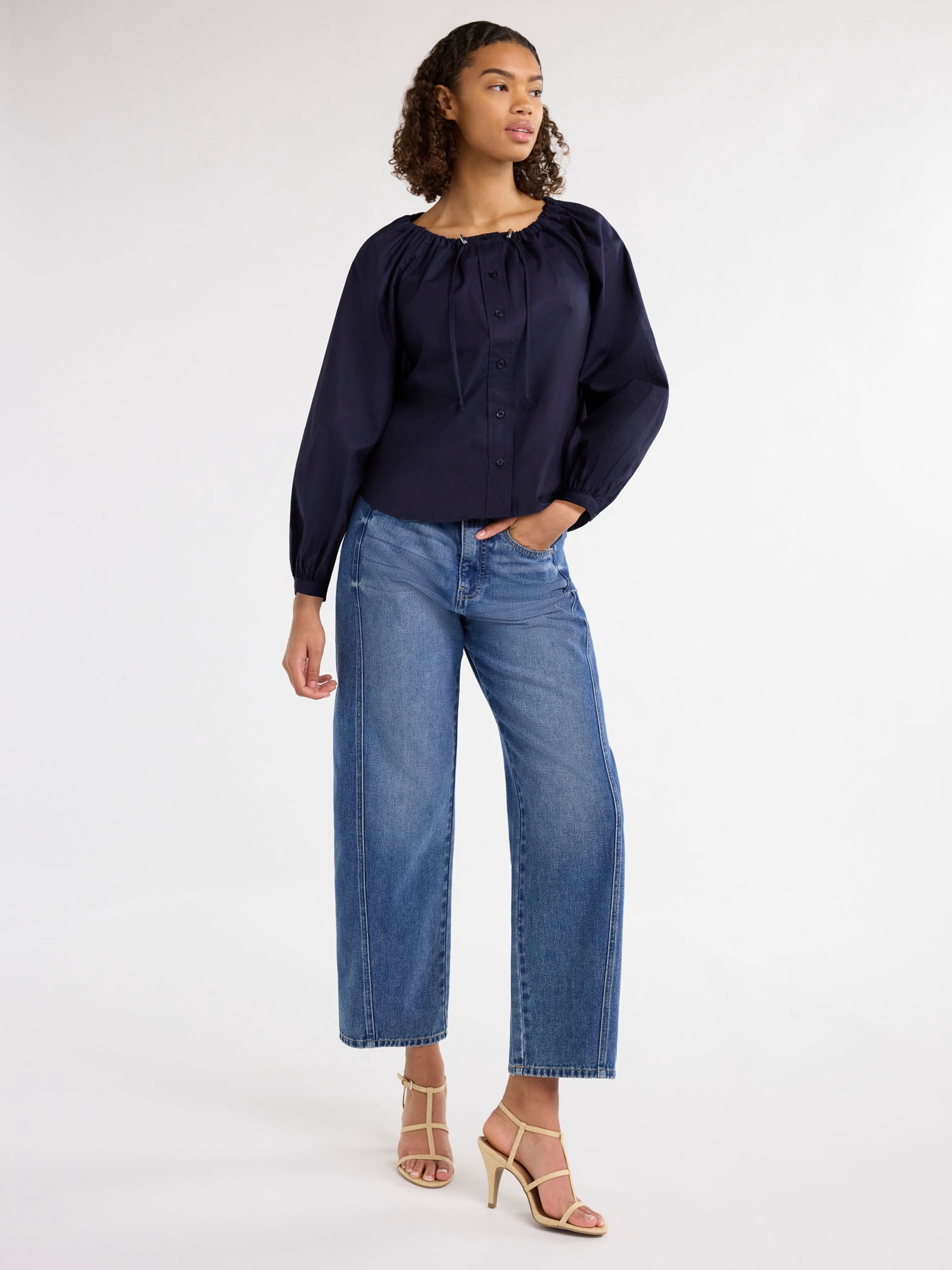 Free Assembly Women's and Women's Plus Gathered Neck Cotton Top with Long Sleeves, XS-4X