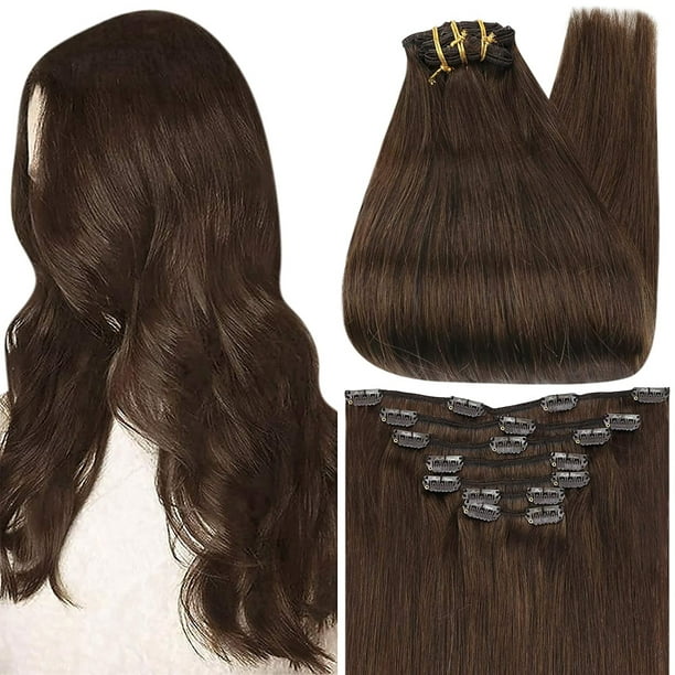 Full Shine Clip in Hair Extensions 100g Real Hair Extensions Thick Ends 14  inch for Thin Hair Middle Brown 7 Pcs 