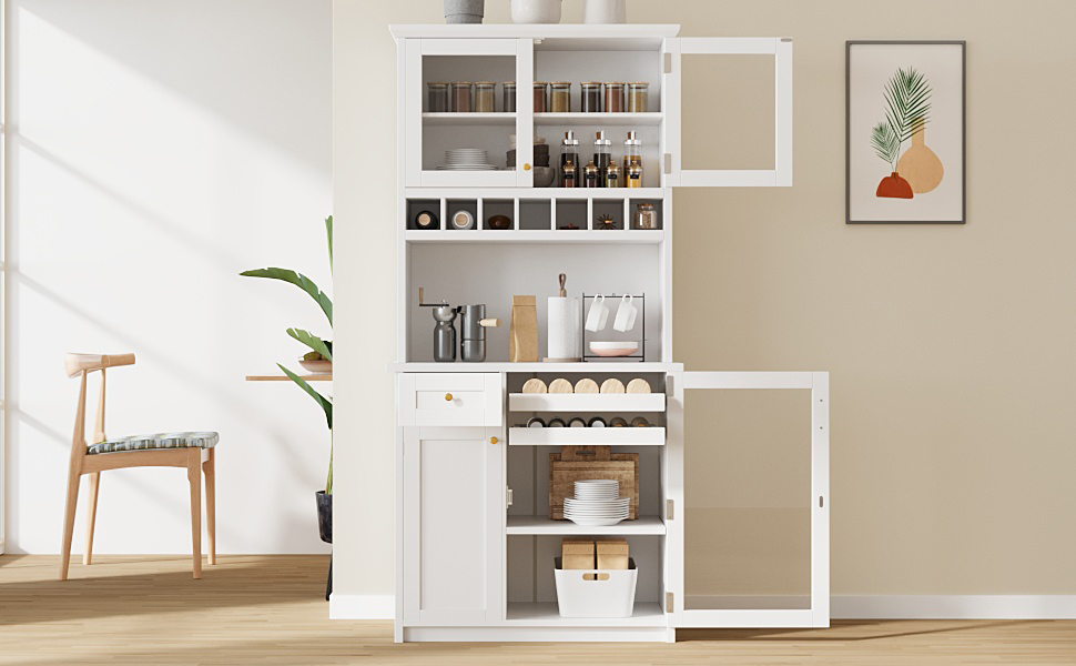 Farmhouse Freestanding Buffet with Hutch, Tall Kitchen Pantry Storage Cabinet with Wine Rack, Adjustable Shelves and Glass Doors for Dining Room, White