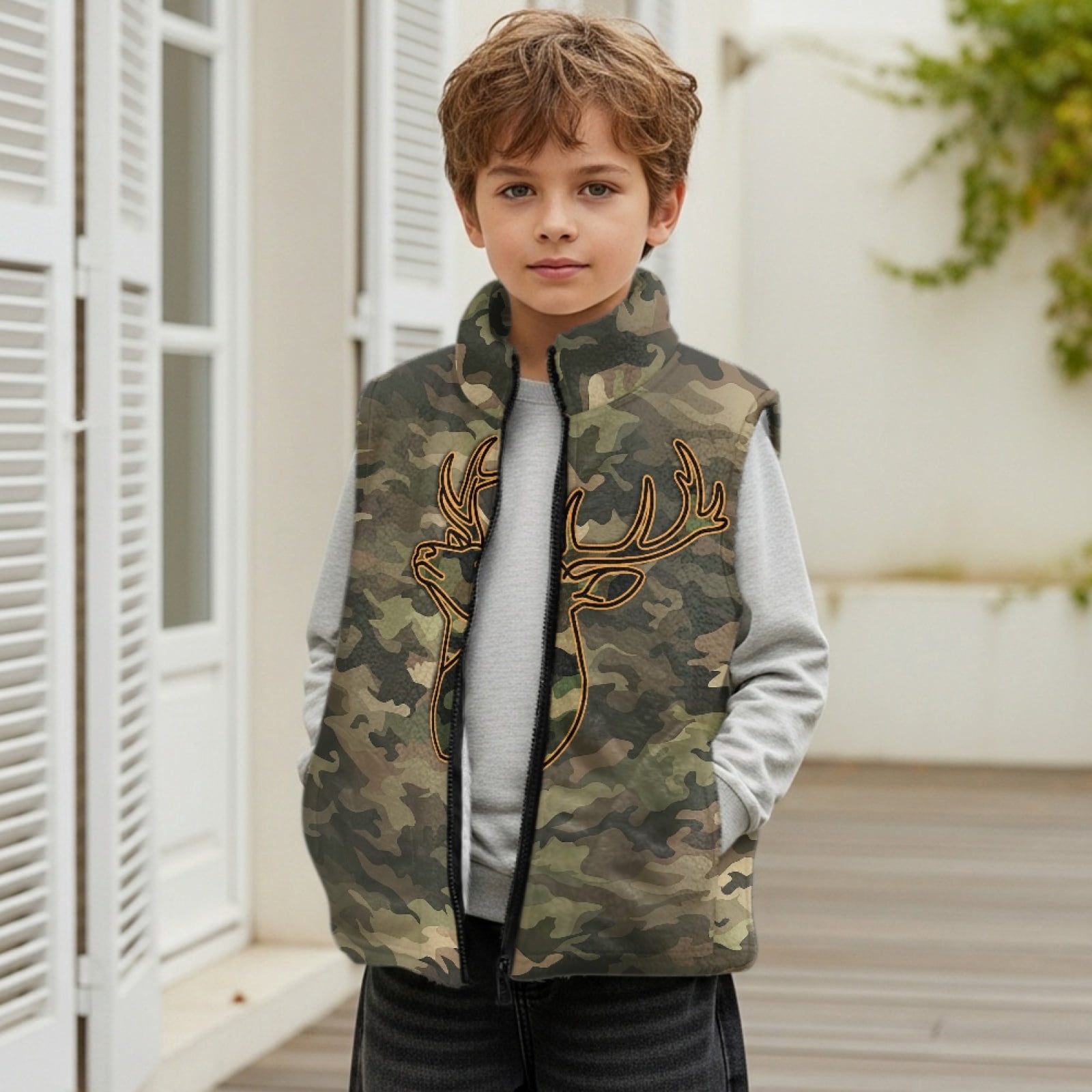 Xoenoiee Deer Camo Print Boys Lightweight Fleece Vest, Full Zip Sleeveless Outerwear for Fall Winter Spring, Running Hiking Jacket with Pockets, Size 3T