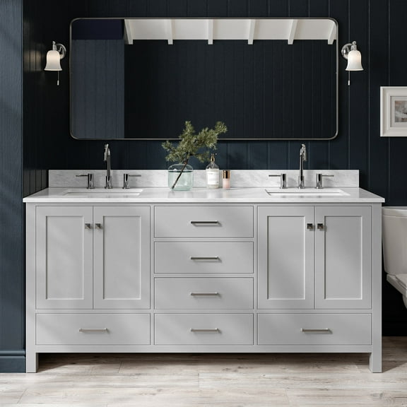 Ariel Cambridge 73 In. Double Rectangle Sink Vanity With Carrara White Marble 0.75 In Countertop In Grey