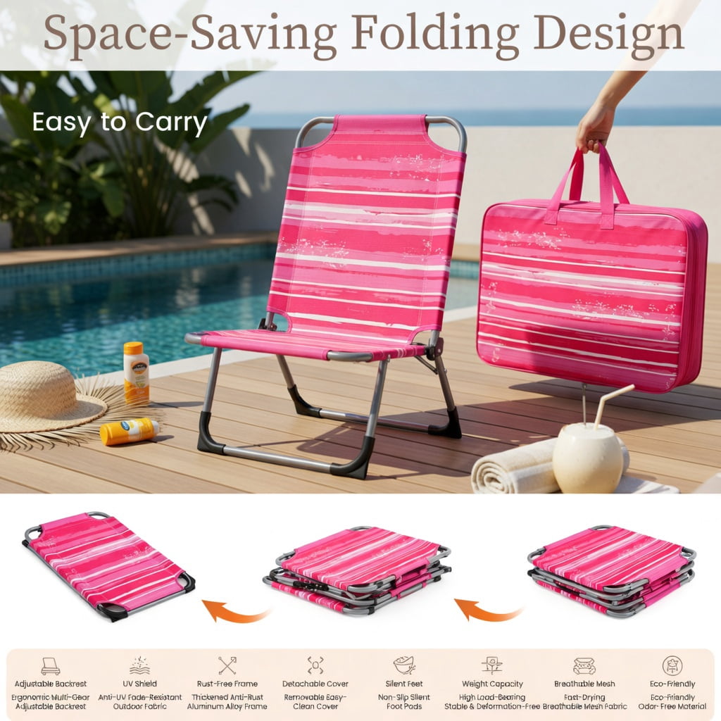Hommoo Foldable Tanning Chair with Face & Arm Holes, Lightweight Portable Beach Chair for Pool, Patio, and Outdoor Use, Pink Stripe