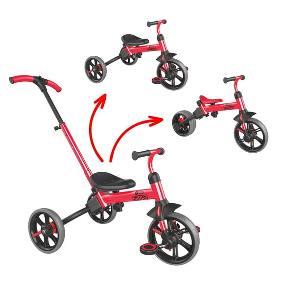 Yvolution Triciclo 3 en 1 para niños pequeños Velo Flippa Triciclo de empuje Bicicleta de equilibrio para niños pequeños con mango de dirección para padres para niños y niñas de 2 a 5 años (rojo)