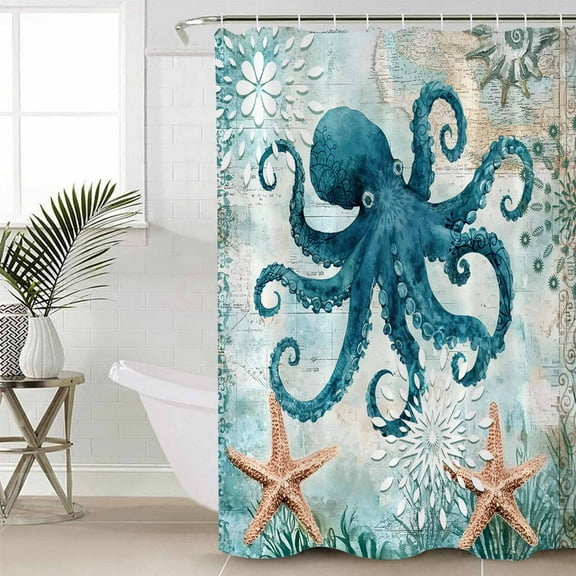Coastal Octopus Waterproof Fabric Shower Curtain, Teal Nautical Beach Starfish Vintage Shower Curtain for Bathroom Curtains Bathtubs Hotel Washable Shower Curtains with 12 Hooks Standard 60x72