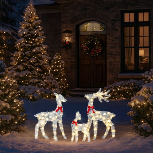 3-Pack Lighted Christmas Reindeer Family Decorations - 110 Warm White LEDs, Buck/Doe/Fawn with Red Bows, Collapsible for Indoor/Outdoor Use