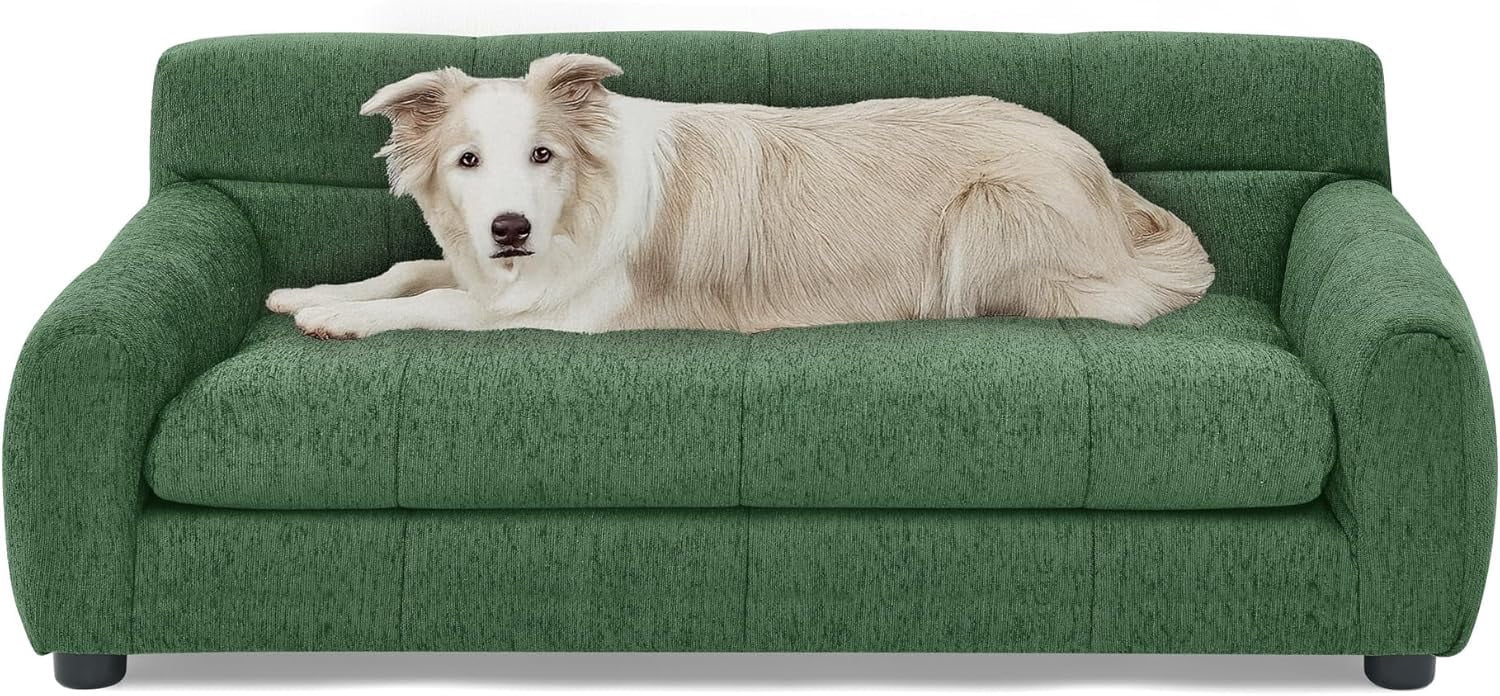 38" Dog Sofa Bed, Elevated Dog Bed with Backrest and Armrests, Soft Memory Foam Couches for Small and Medium-Sized Pets, Durable Linen Pet Couch Furniture, Green