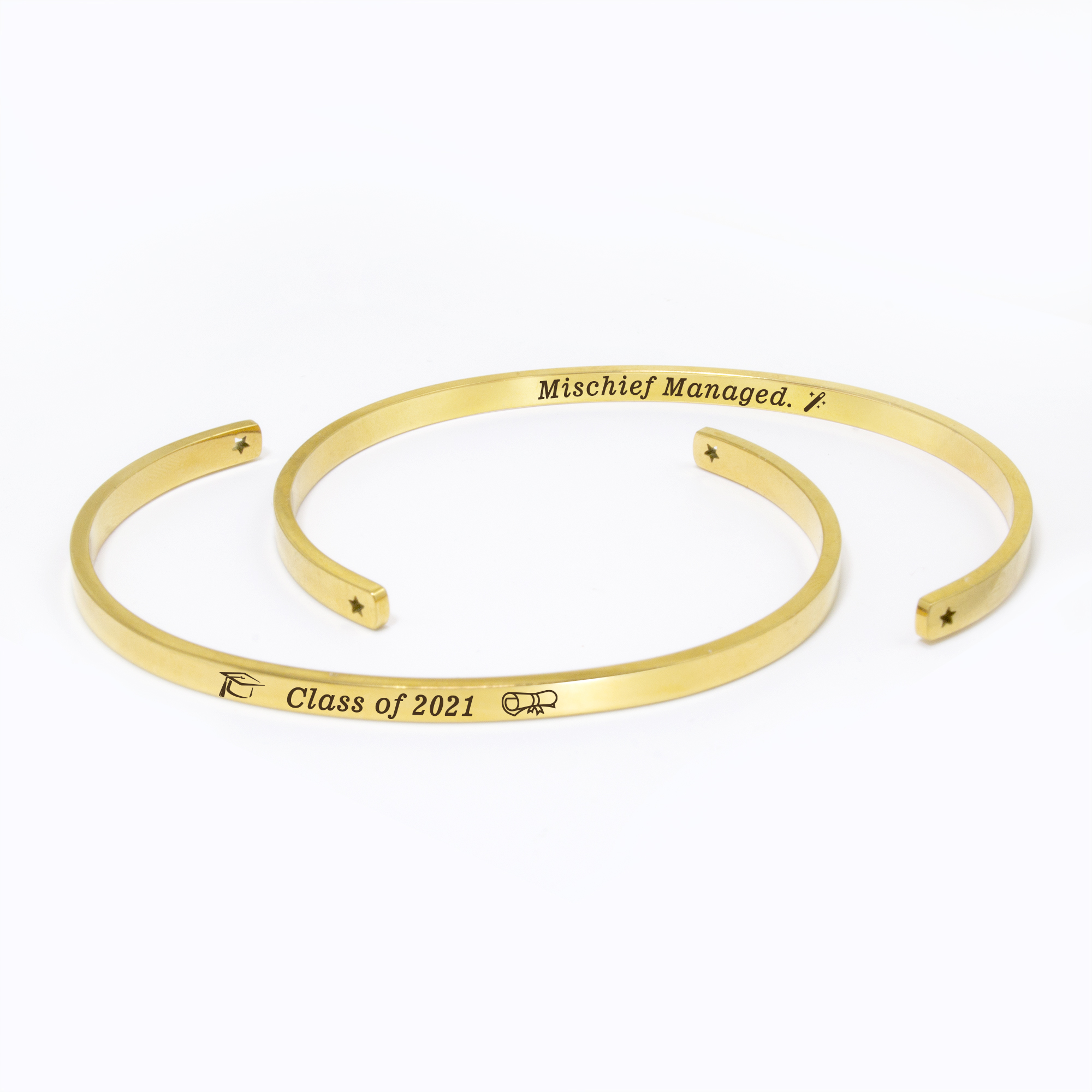 "Mischief Managed" Gold Stainless Steel Graduation Theme Hidden Message Gift for Her Cuff Bracelet with Gift Set