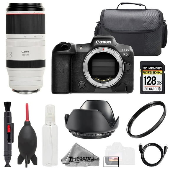 Canon EOS R5 Camera   RF 100-500mm f/4.5-7.1 L IS USM Lens  128GB  Bag  UV Filter- Basic Kit (International Version)