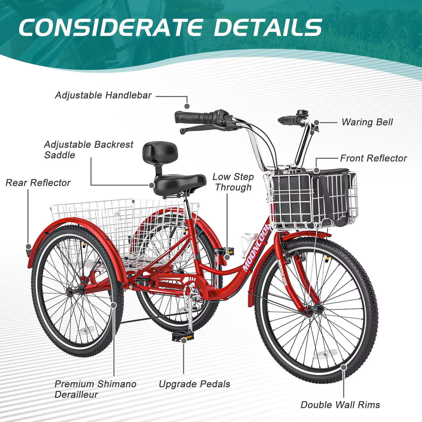 Lilypelle Adult Tricycles 7 Speed 24Inch Three Wheel Bike Cruiser Trike with Low-Step Through Frame/Large Front & Rear Basket for Men, Women, Seniors