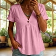thumbnail image 2 of MaFYtyTPR Women's Short Sleeve Blouse V-Neck Cotton Linen Button Front Solid Color Loose Tops for Summer Casual Daily Wear Z-Pink XL, 2 of 5