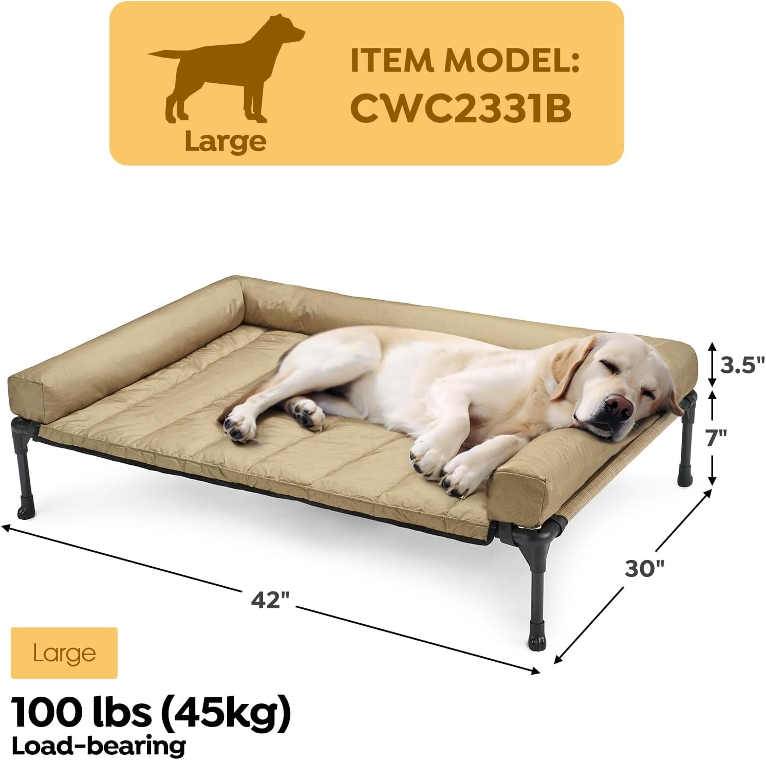 Cooling Elevated Dog Bed + Waterproof Removable Pillow-Top Mat, Bolster Dog Cot Bed, Raised Pet Cot with Breathable Mesh, No-Slip Feet, Dog Couch Bed for Indoor & Outdoor, Large, Beige