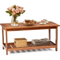 ZOPan Outdoor Wooden Coffee Table, 2-Tier Storage Rectangle Patio Coffee Table for Outside, Solid Wood Low Outdoor Table for Balcony Porch and Deck