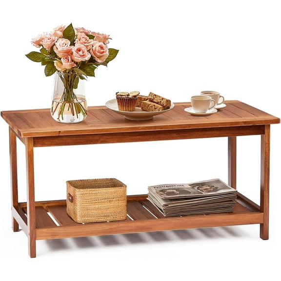 ZOPan Outdoor Wooden Coffee Table, 2-Tier Storage Rectangle Patio Coffee Table for Outside, Solid Wood Low Outdoor Table for Balcony Porch and Deck