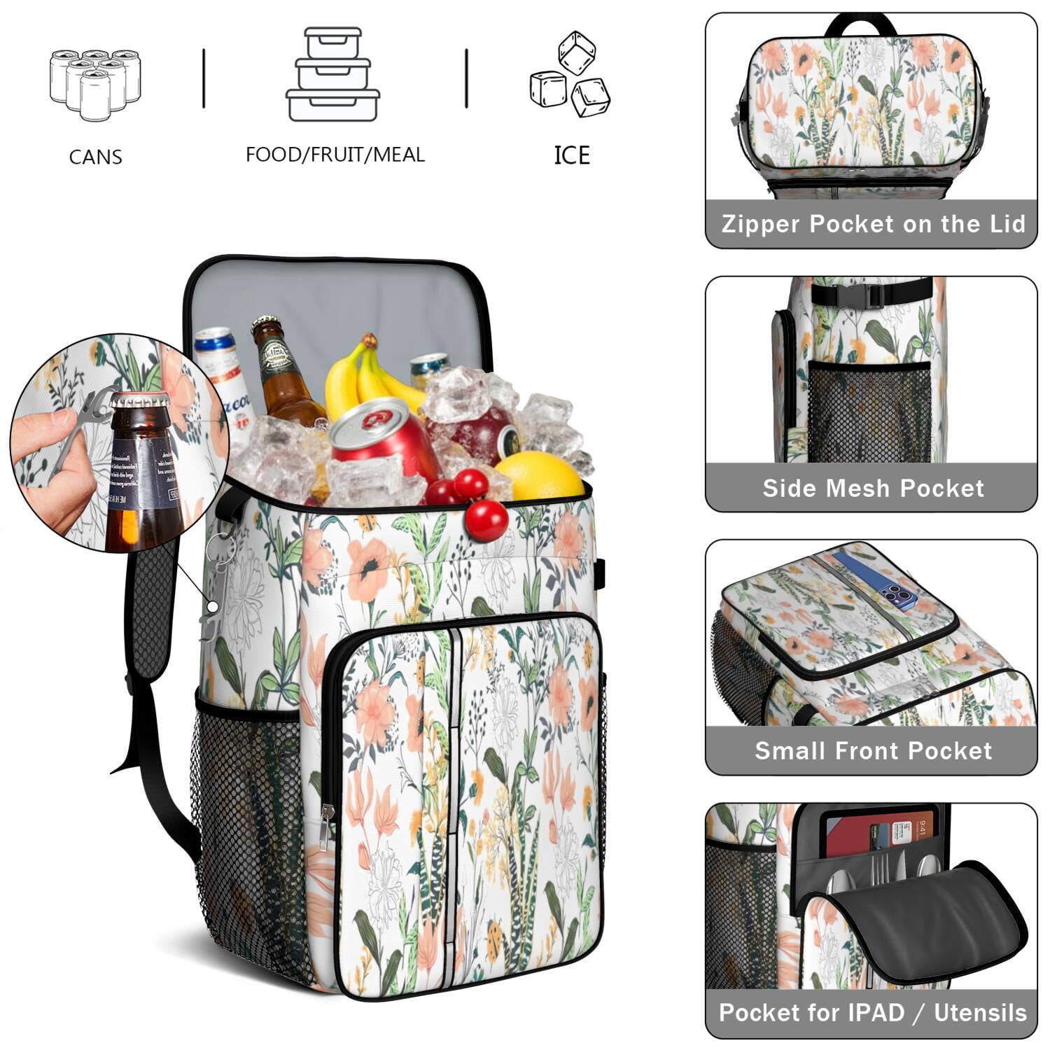 Travel Cooler Bag - Pioneer Flower Floral Print Pattern Camping Beer Cooler Backpack with Bottle Opener- Waterproof Insulated Picnic Backpacks - Cooler Bag for Beach
