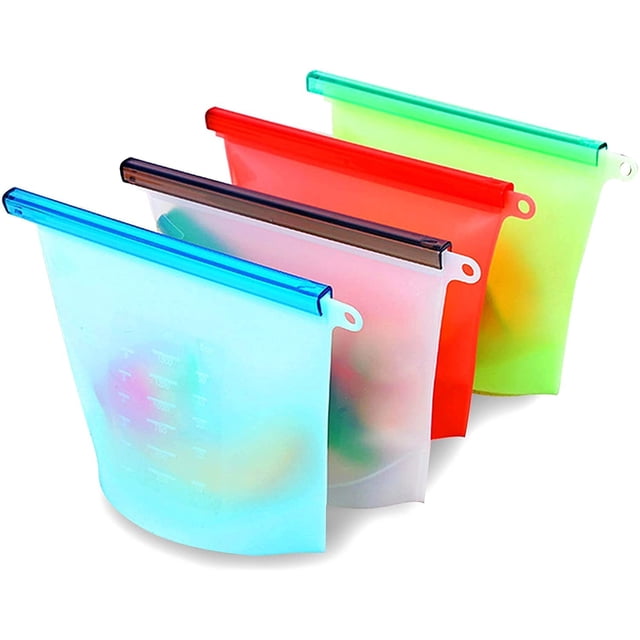 Ensemble de 4 Sacs de Rangement Alimentaires Réutilisables en Silicone, Hermétiques et Étanches
