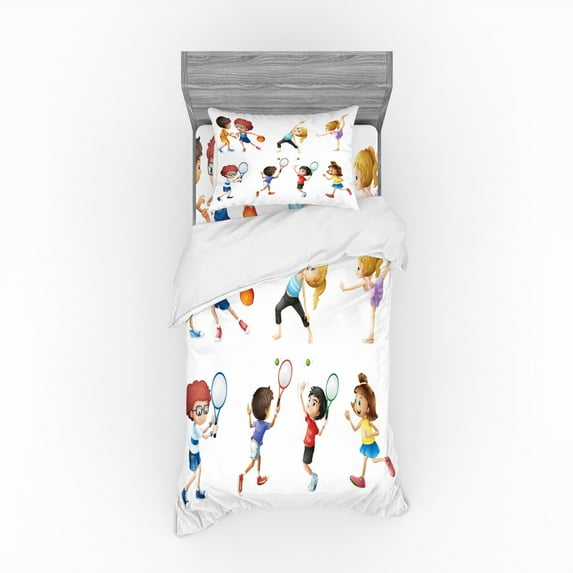 Sports Duvet Cover Set, Little Girl Stretching Basketball Players Work out Tennis Yoga Ballerina Child, Bedding Set with Shams and Fitted Sheet, 3 Sizes, by Ambesonne