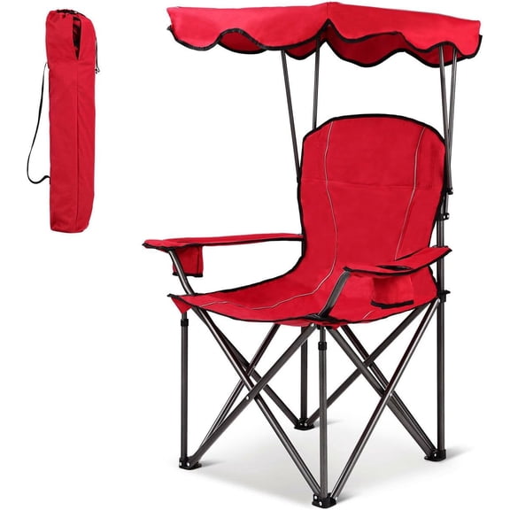 Favory Portable Camping Chair with Canopy, Outdoor Lawn Chair with Shade, Carry Bag, Cup Holder, for Travel, Picnic, Beach (Red)