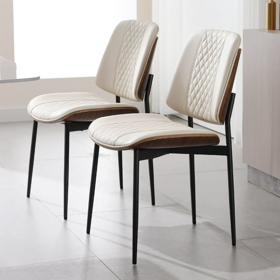 Dining Chair Set of 2, Mid Century Modern Upholstered Dining Chairs with Curved Backrest, Armless PU Leather Dining Chair for Living Room Kitchen, White
